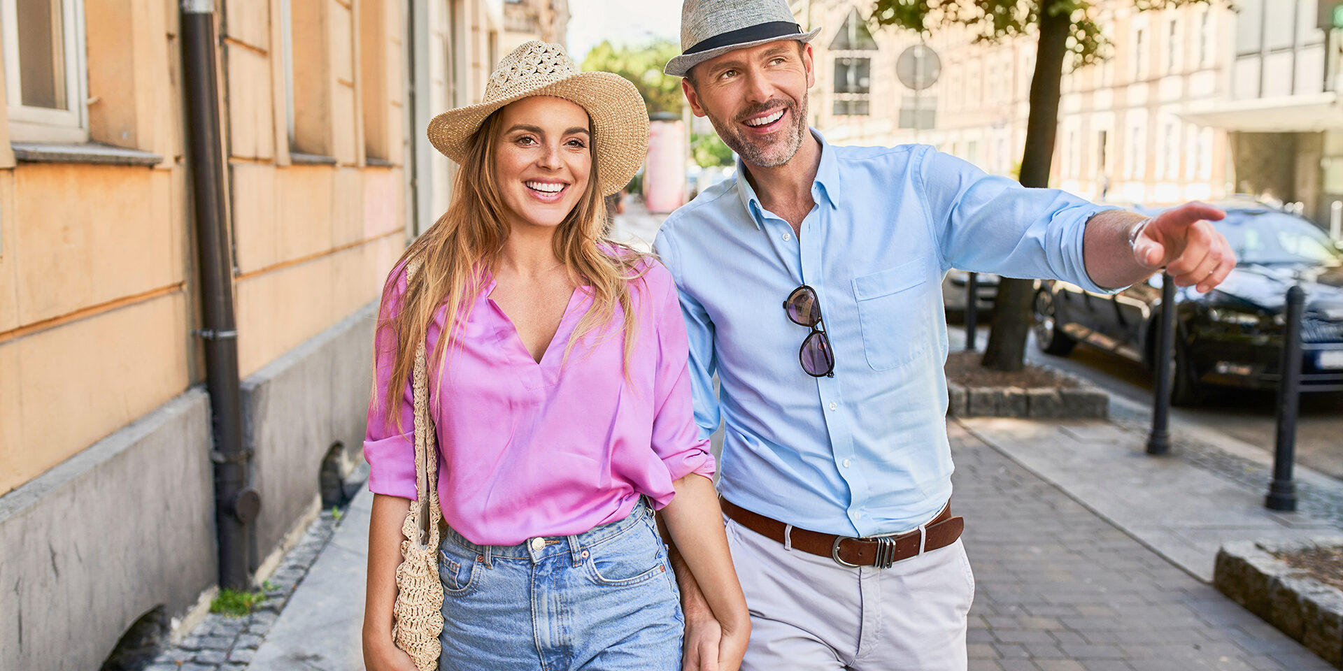 Stylish couple visiting city in Europe Stylish couple visiting city in Europe
