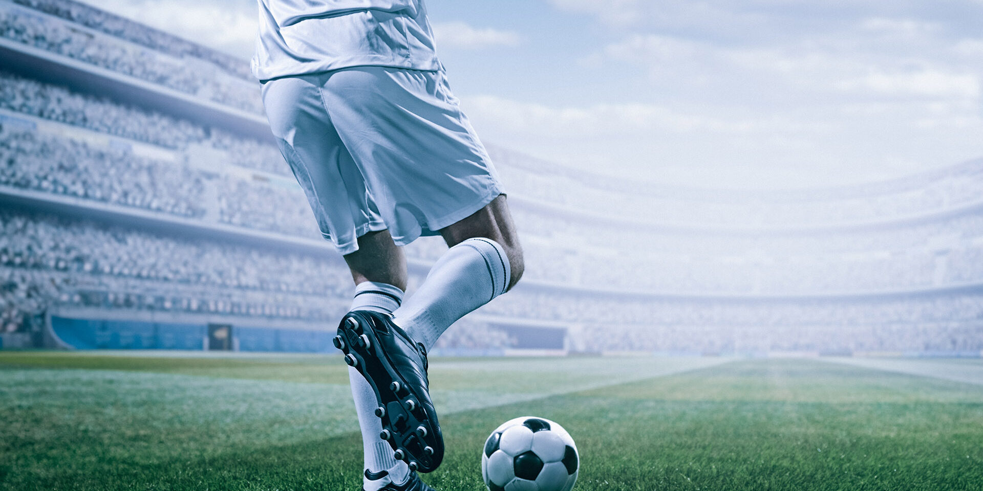 Soccer player in action on a professional arena full of spectators. Sport stadium made in 3D