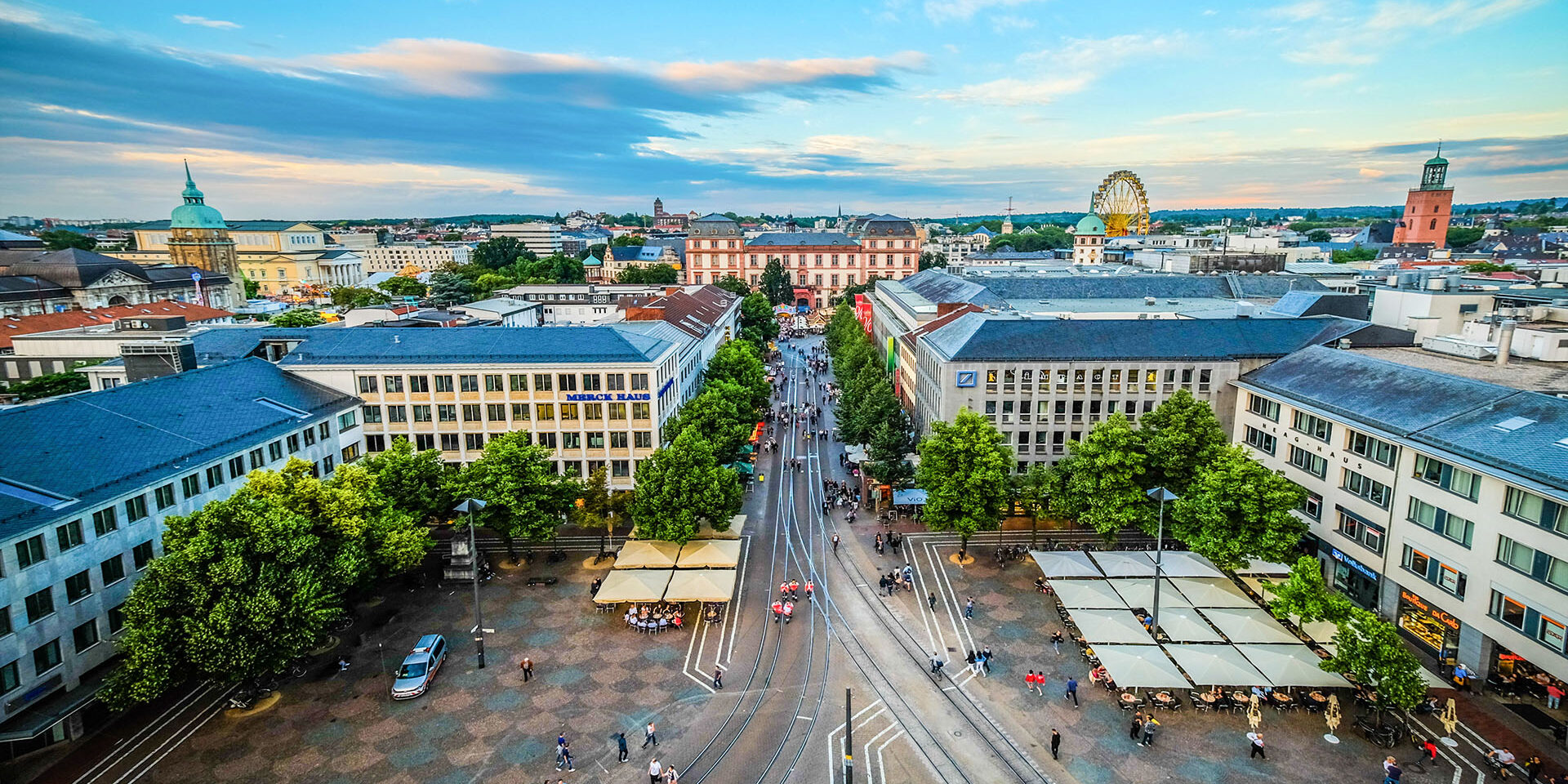 High angle view above the city of Darmstadt towards castle in summer while summer festival