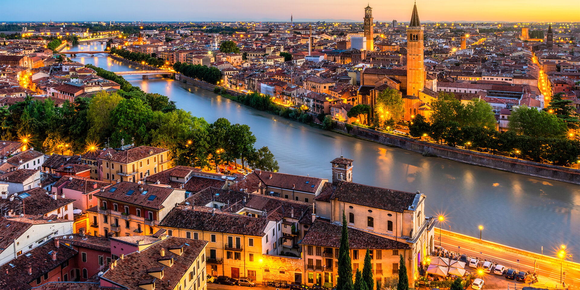 Aerial View of Verona city at Sunset with Adige river. Veneto. Italy